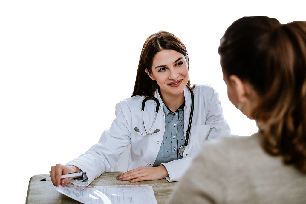 Doctor talking with a student at a desk