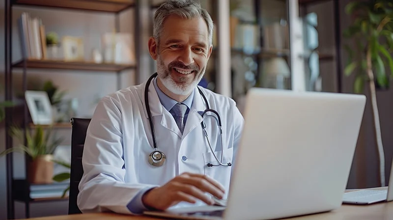 Physician working on a laptop
