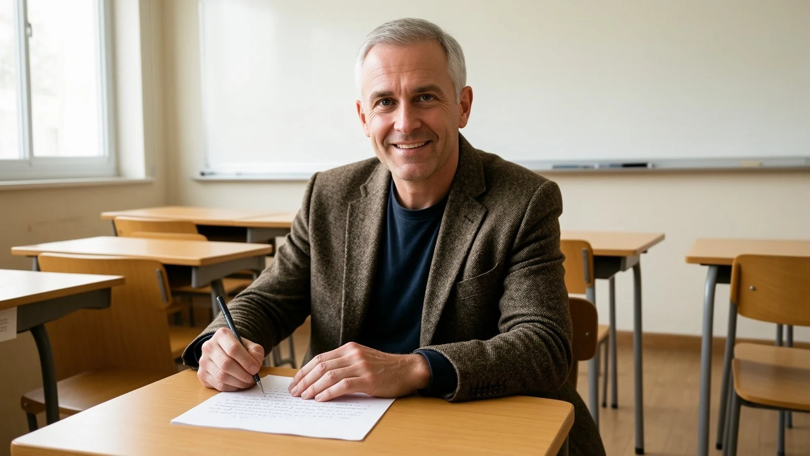 A smiling counselor at a desk with an application